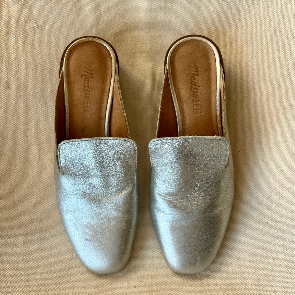 Madewell Metallic Silver Leather Backless Mules